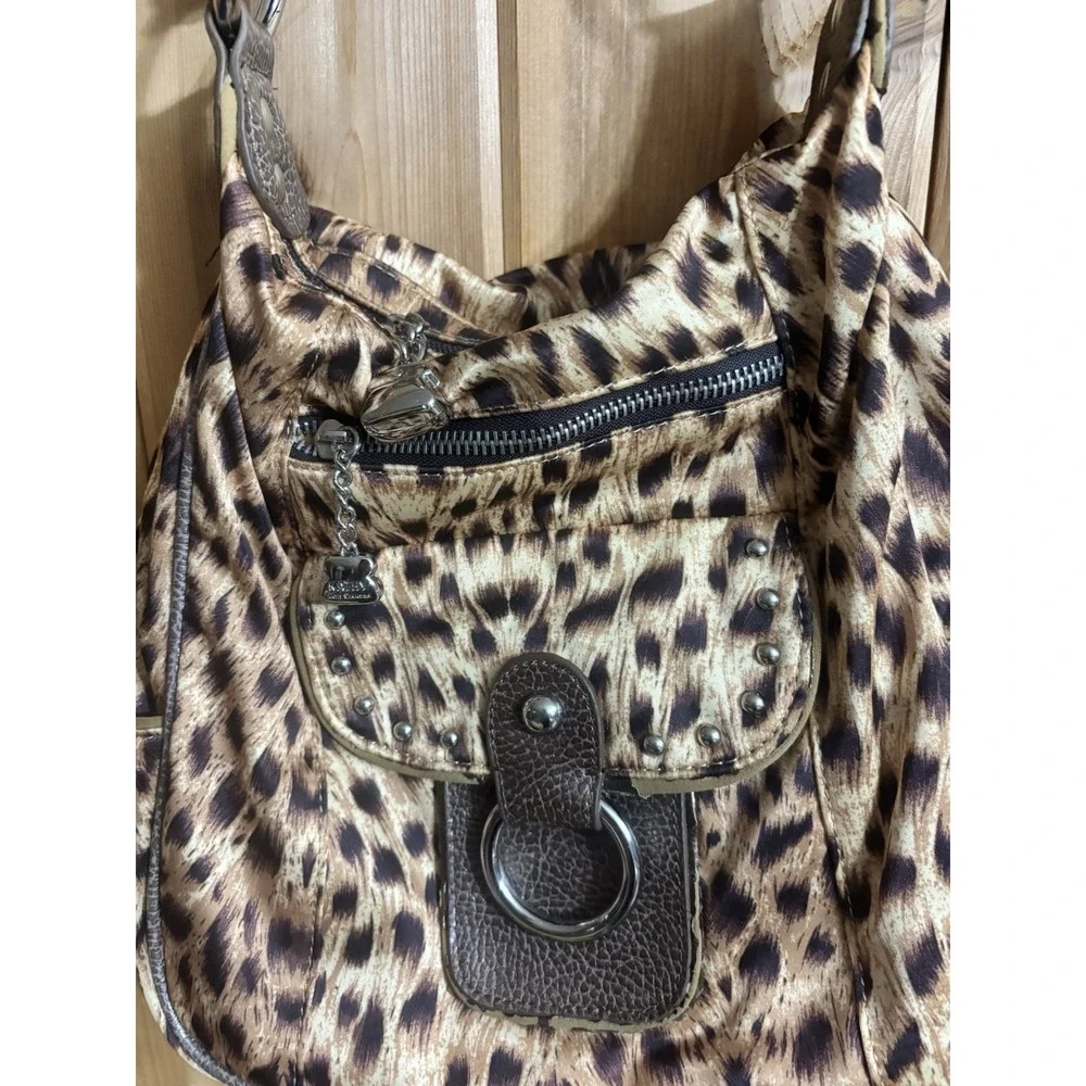 Kathy Van Zeeland Leopard Print Hobo Bag Y2K Studded Shoulder Purse Brown